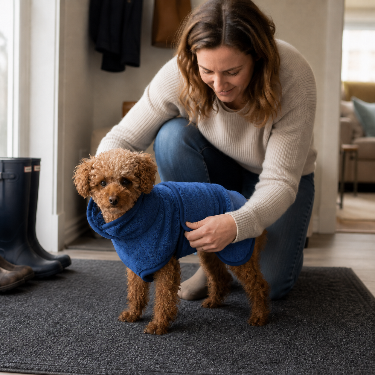 Dog owner fitting a Blue TowelPup drying robe after a rainy walk