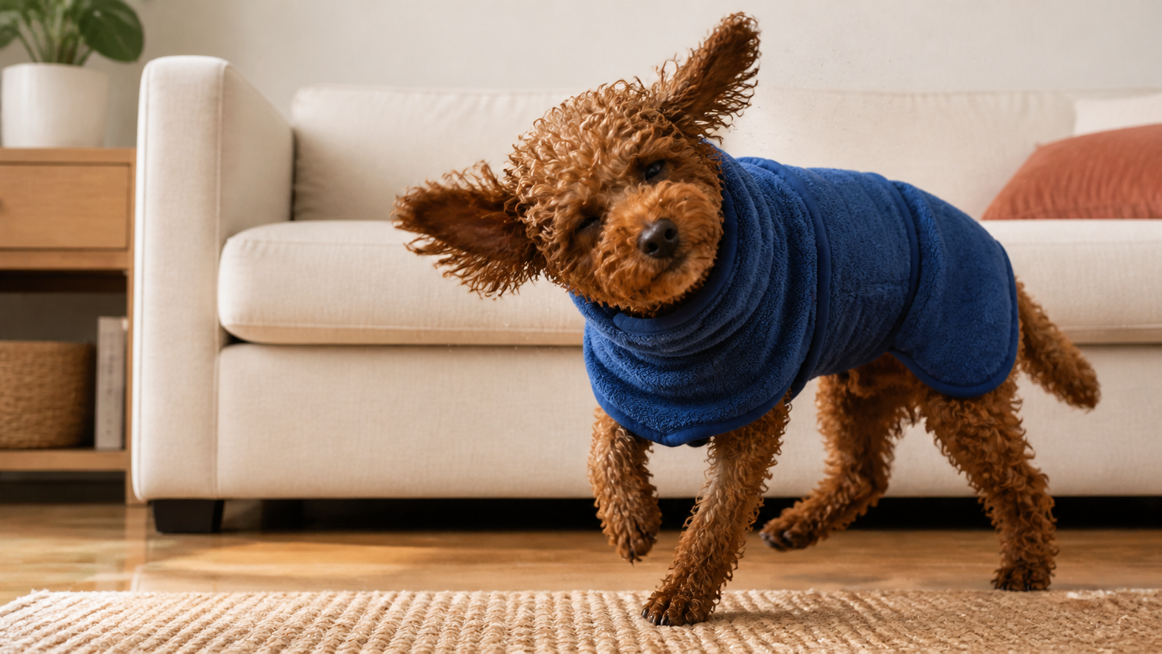 Happy dog shaking in a blue TowelPup robe beside a clean sofa