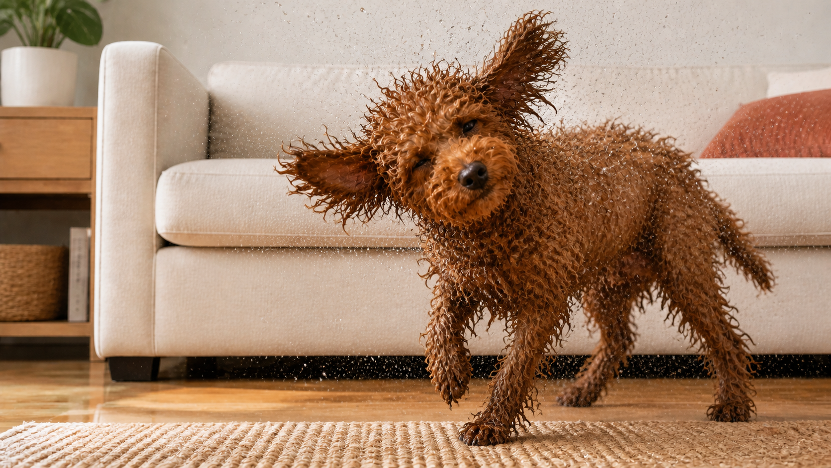 Soaking wet dog shaking water through a living room