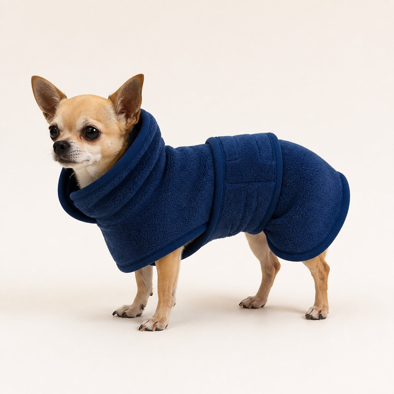 Dog wearing the Blue TowelPup robe in size XXS